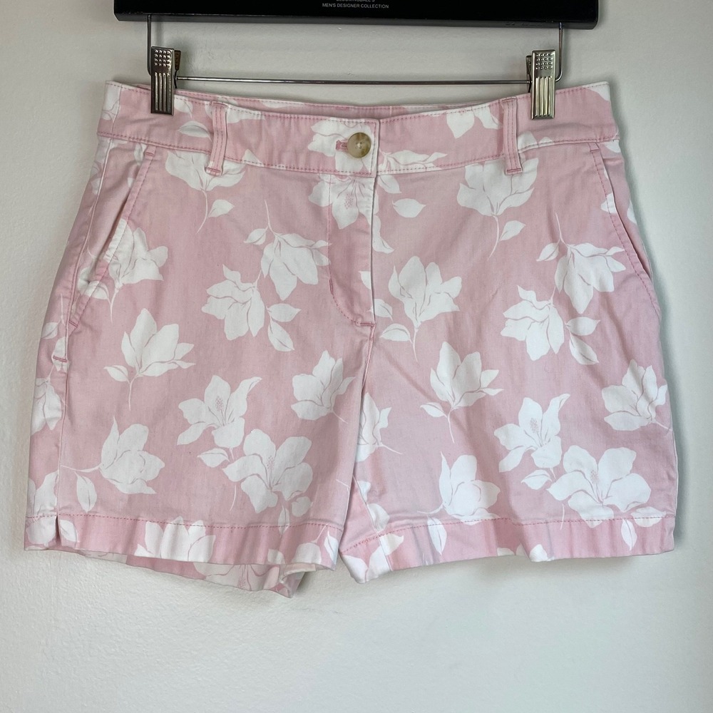 Tommy Bahama Floral Chino Shorts Women 6 Pink White Hibiscus Preppy Summer